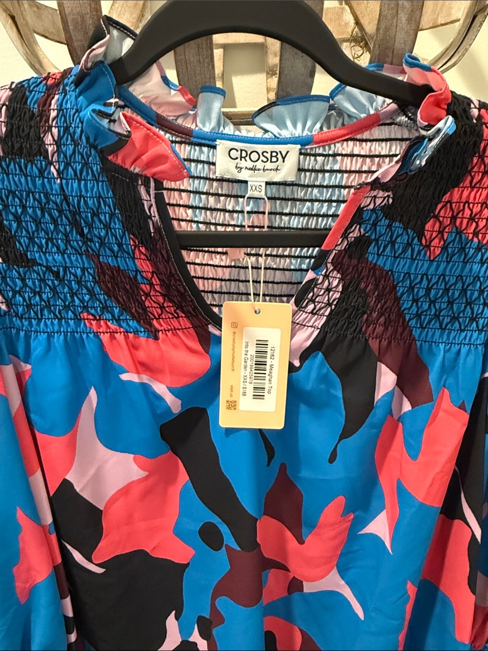 CROSBY by Mollie Burch Blue Coral Print Smocked Neck Blouse